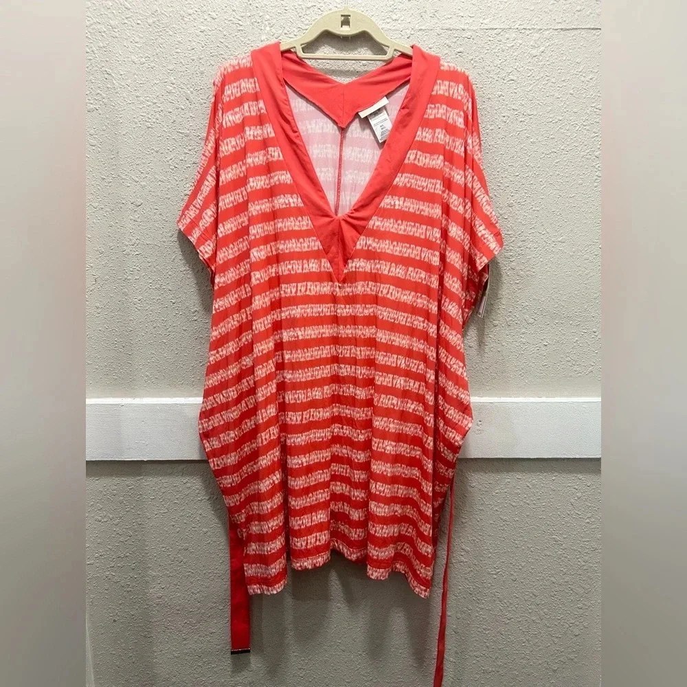 Michael Kors Kytoto Stripe V-Neck Belted Tunic Cover-Up Sangria M/L NWT